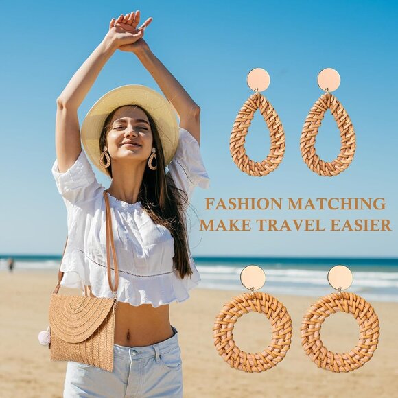 Women Straw Crossbody Bag Rattan Purse Beach Holiday Accessories Set - Picture 4 of 7